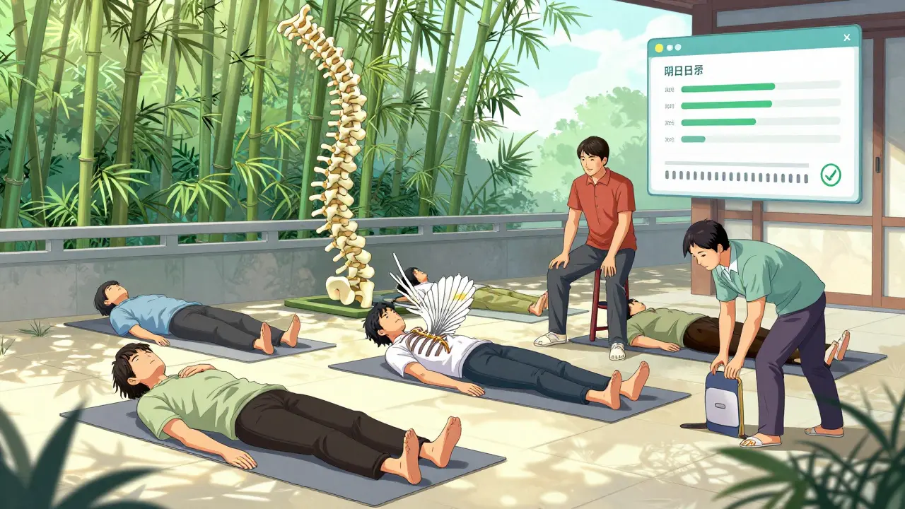 Group of people doing spine-friendly exercises outdoors, bamboo forest transforming into a flexible spine in background.