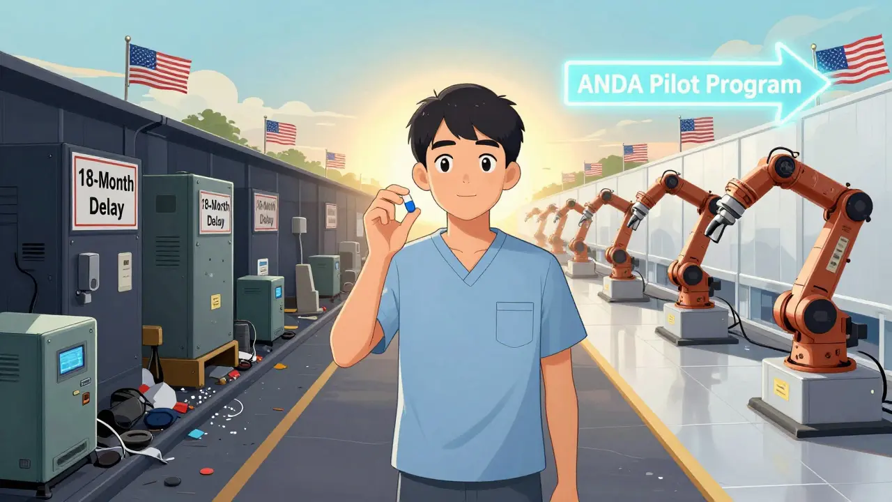 Patient choosing between slow outdated manufacturing and smooth modern U.S. production.