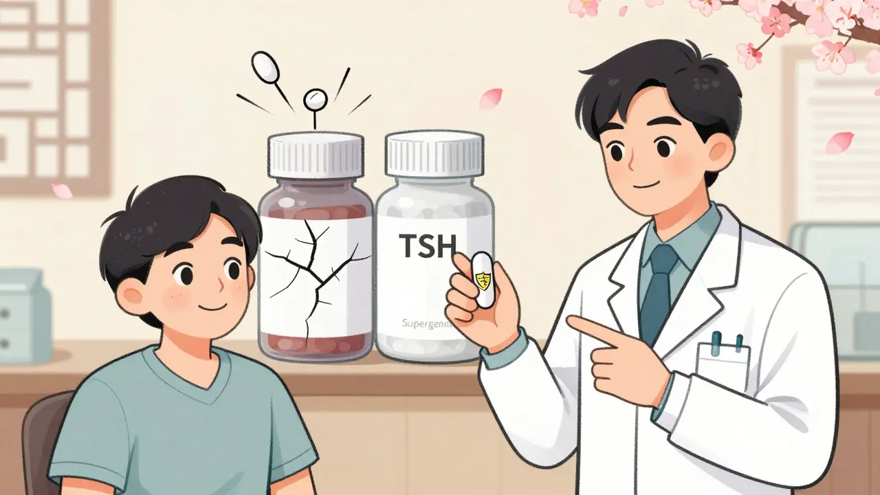 Patient smiling with stable lab result beside doctor pointing to golden 'Supergeneric' pill.