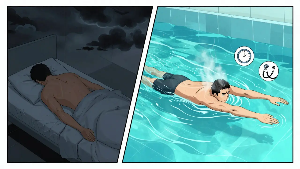 Patient transitions from painful night rest to therapeutic swimming, with symbolic icons of breath, time, and care.