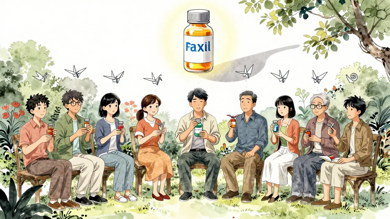 People in a garden releasing paper cranes carrying withdrawal symptoms, protected by a glowing fluoxetine bottle.