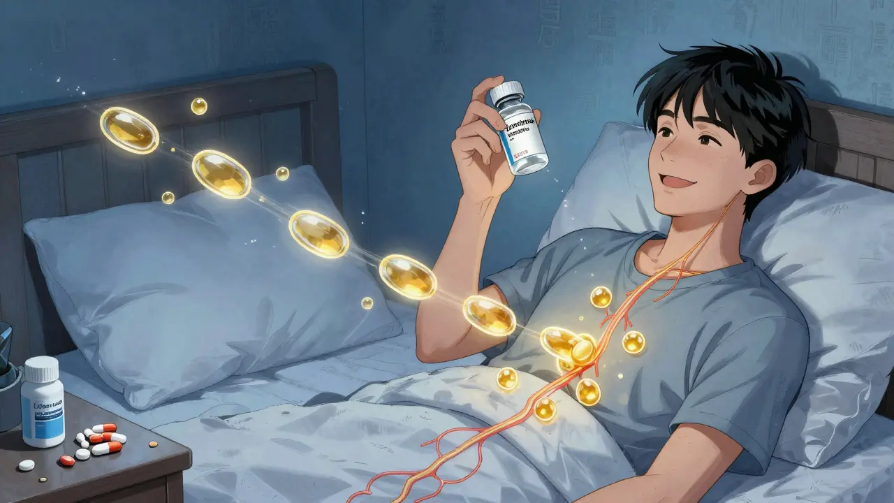 Person taking liquid levothyroxine at night, iron and calcium pills unused on nightstand