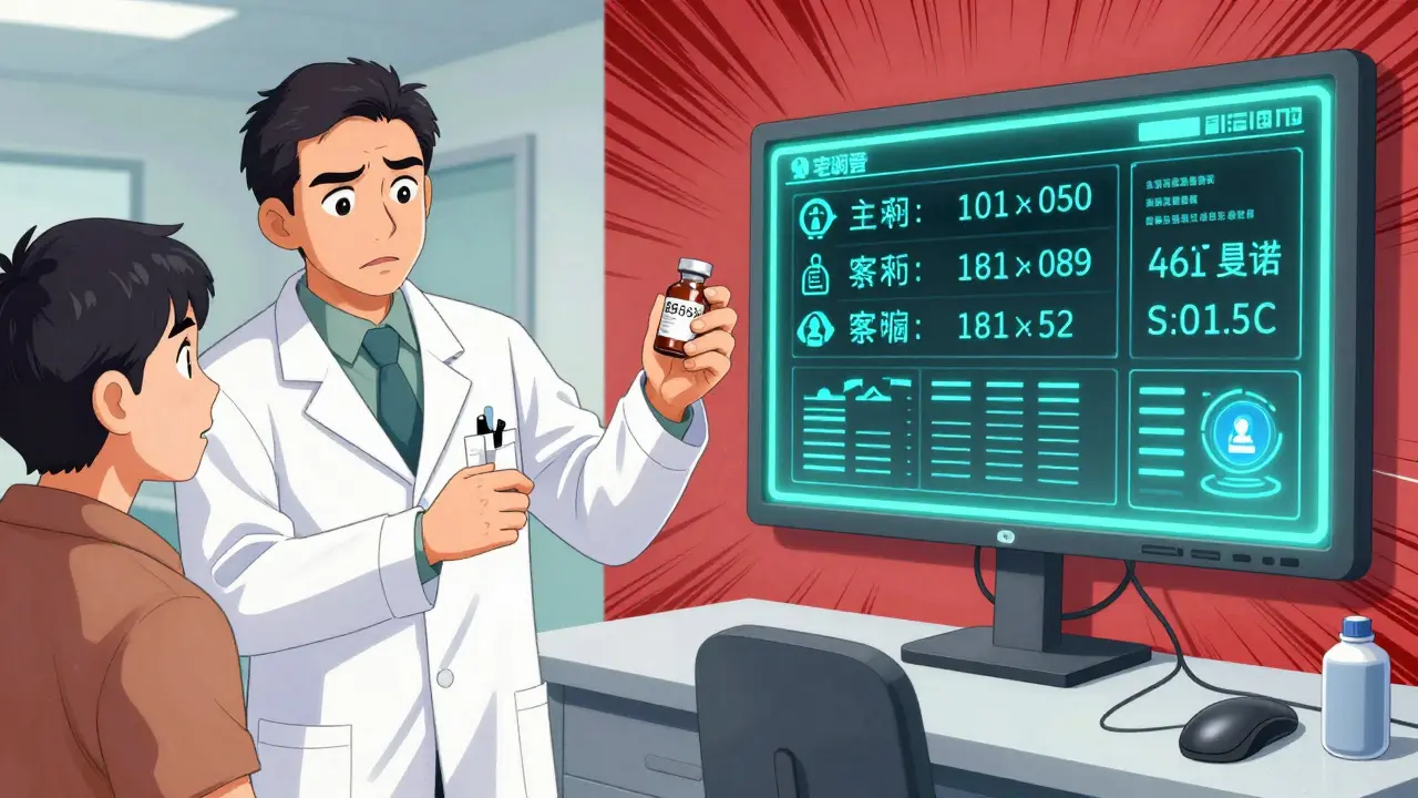 Pharmacist giving biosimilar to confused patient while digital dashboard auto-fills accurate data.