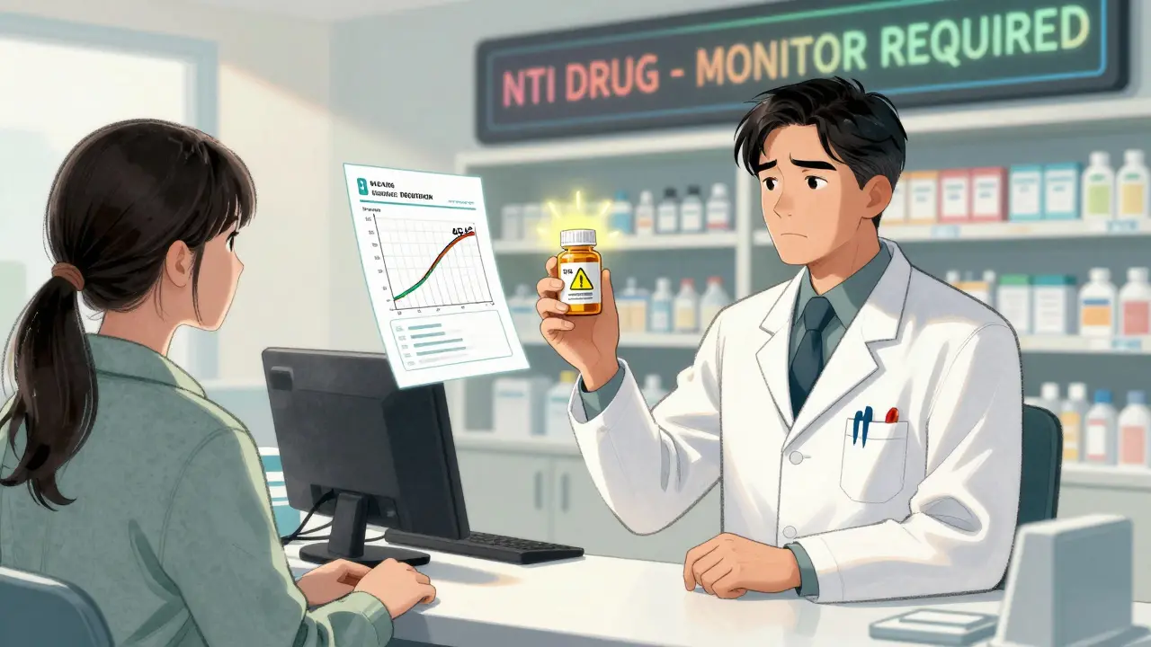 Pharmacist hesitating at counter with warning symbol above generic pill and medical chart floating.