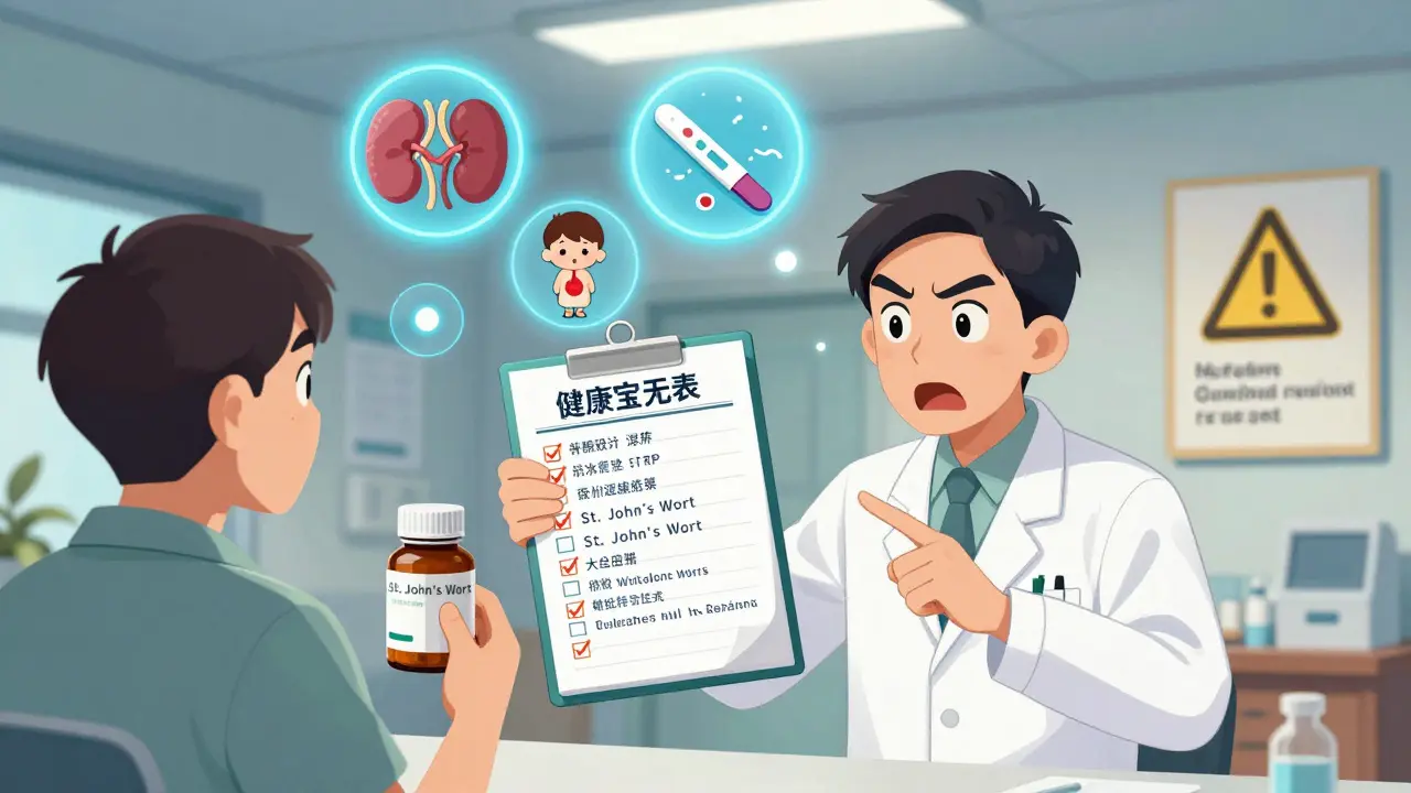 Pharmacist warning patient about St. John’s Wort interactions with icons of organ rejection, pregnancy, and blood clot.