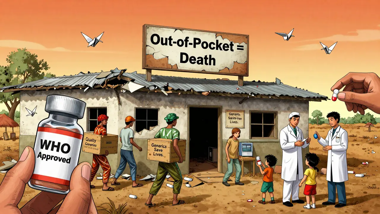 Rural hospital being rebuilt with generic medicine crates, a pharmacist training children as cranes carry pills across the sky.