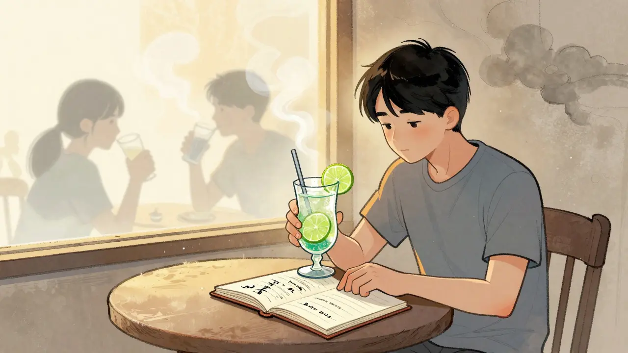 Someone drinking a mocktail and journaling, past drinking ghosts fading away, warm light, serene Chinese manhua scene.
