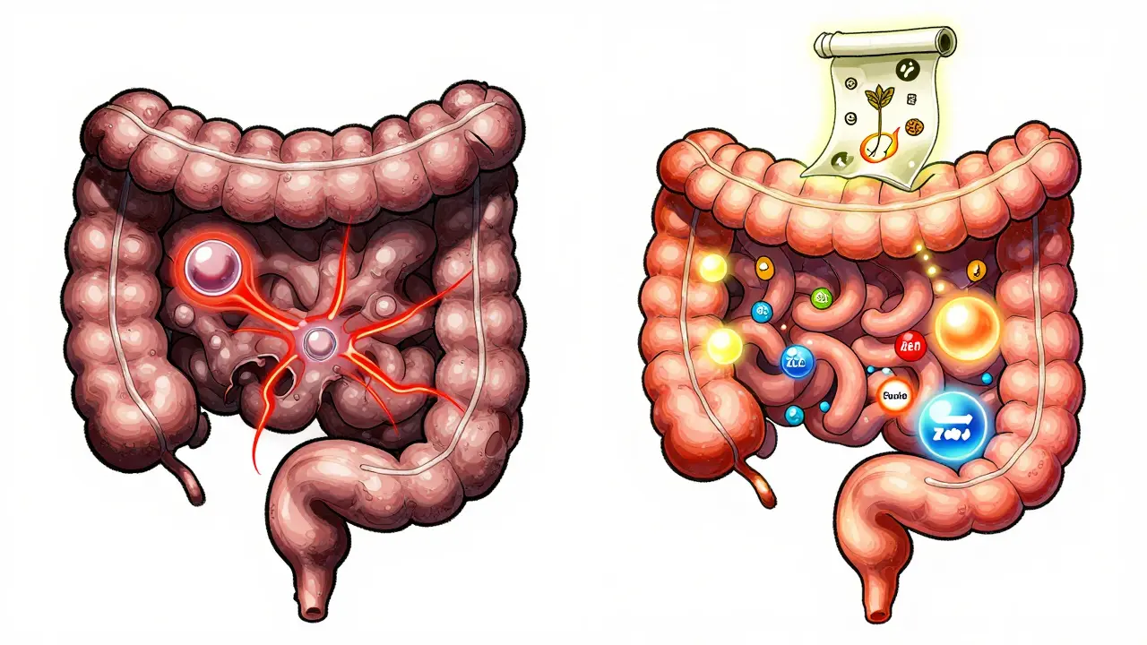 Split illustration of damaged vs. healed intestine absorbing nutrient orbs, with healing herb scroll above.