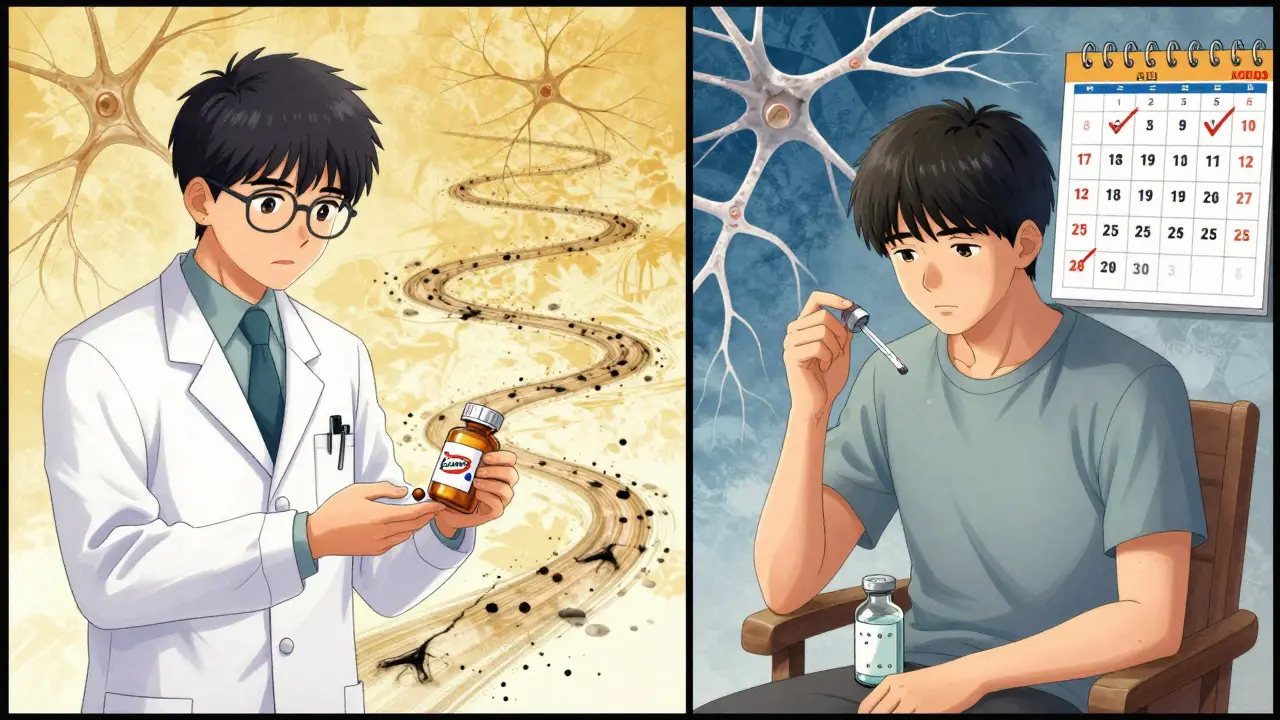 Split scene: a rushed doctor handing a pill bottle vs. a patient carefully using a liquid dropper for slow tapering.