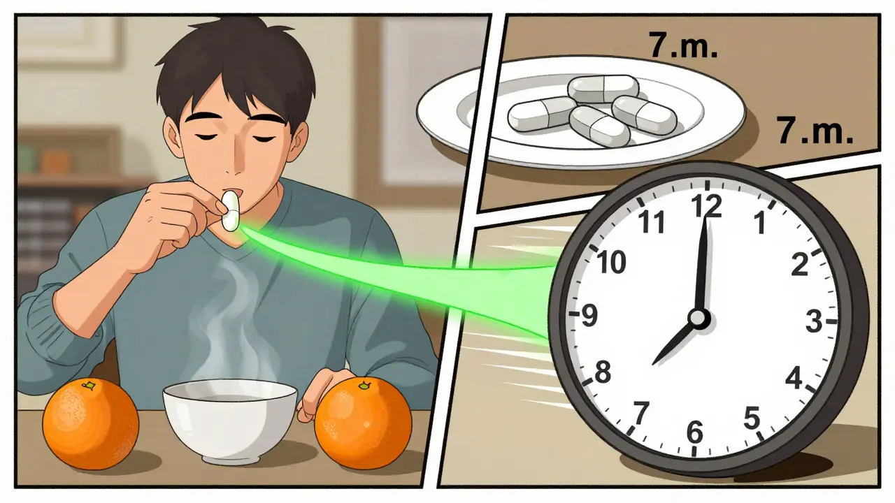 Split scene showing iron supplement at lunch with orange, calcium at dinner