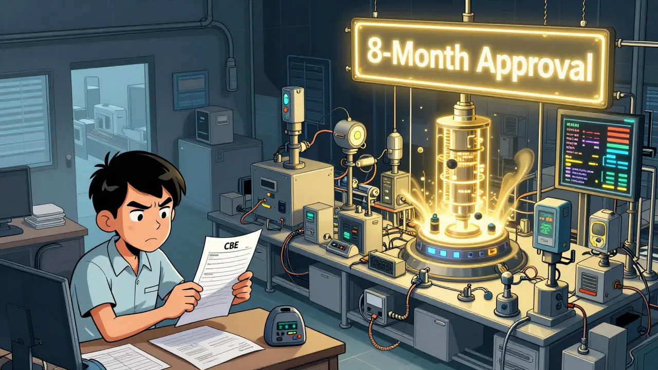Split scene: small lab with CBE form vs. high-tech U.S. plant with real-time data.