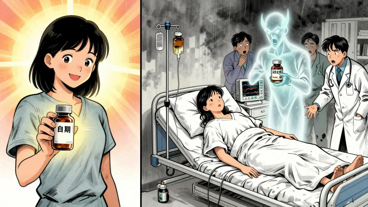 Split scene: woman taking supplement happily vs. collapsed in hospital with ghostly demon rising from bottle.