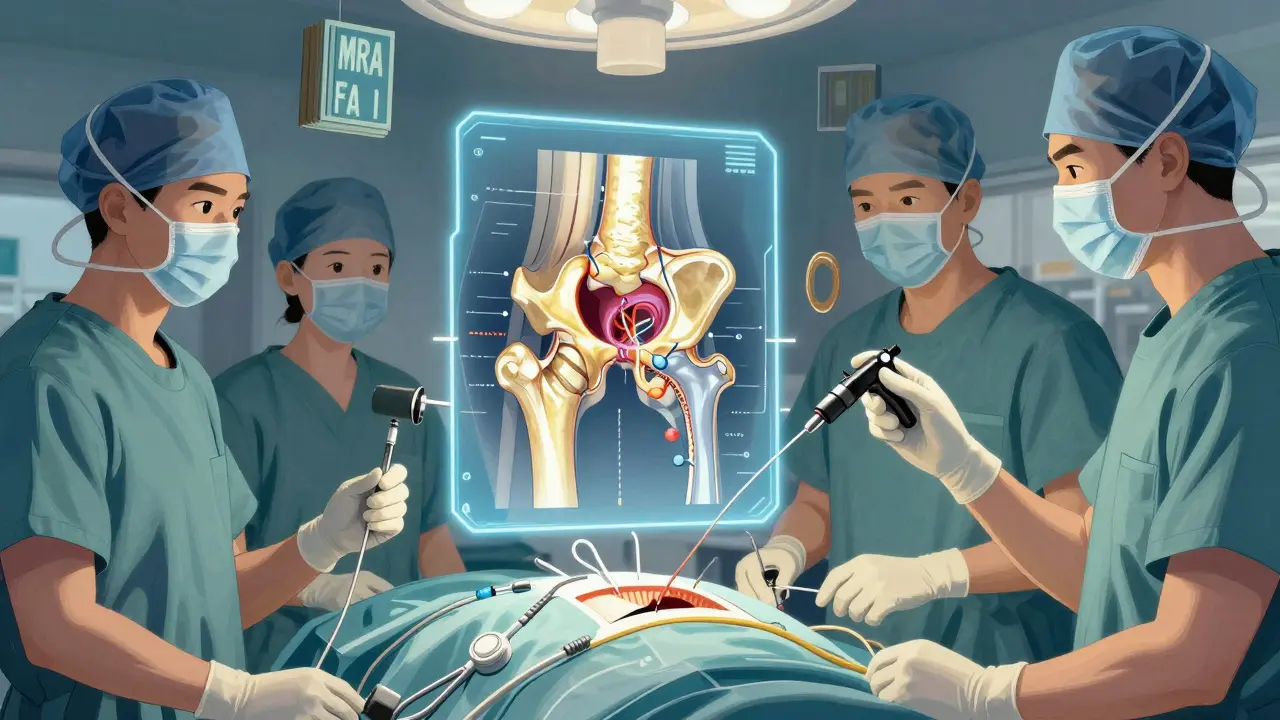 Surgeon using an arthroscopic camera with a holographic hip joint showing labral repair, in Chinese manhua style.