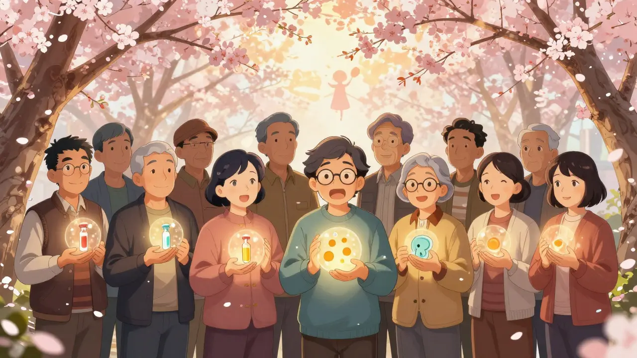 Survivors stand under a cherry tree, each holding orbs representing their preserved chance at future parenthood.