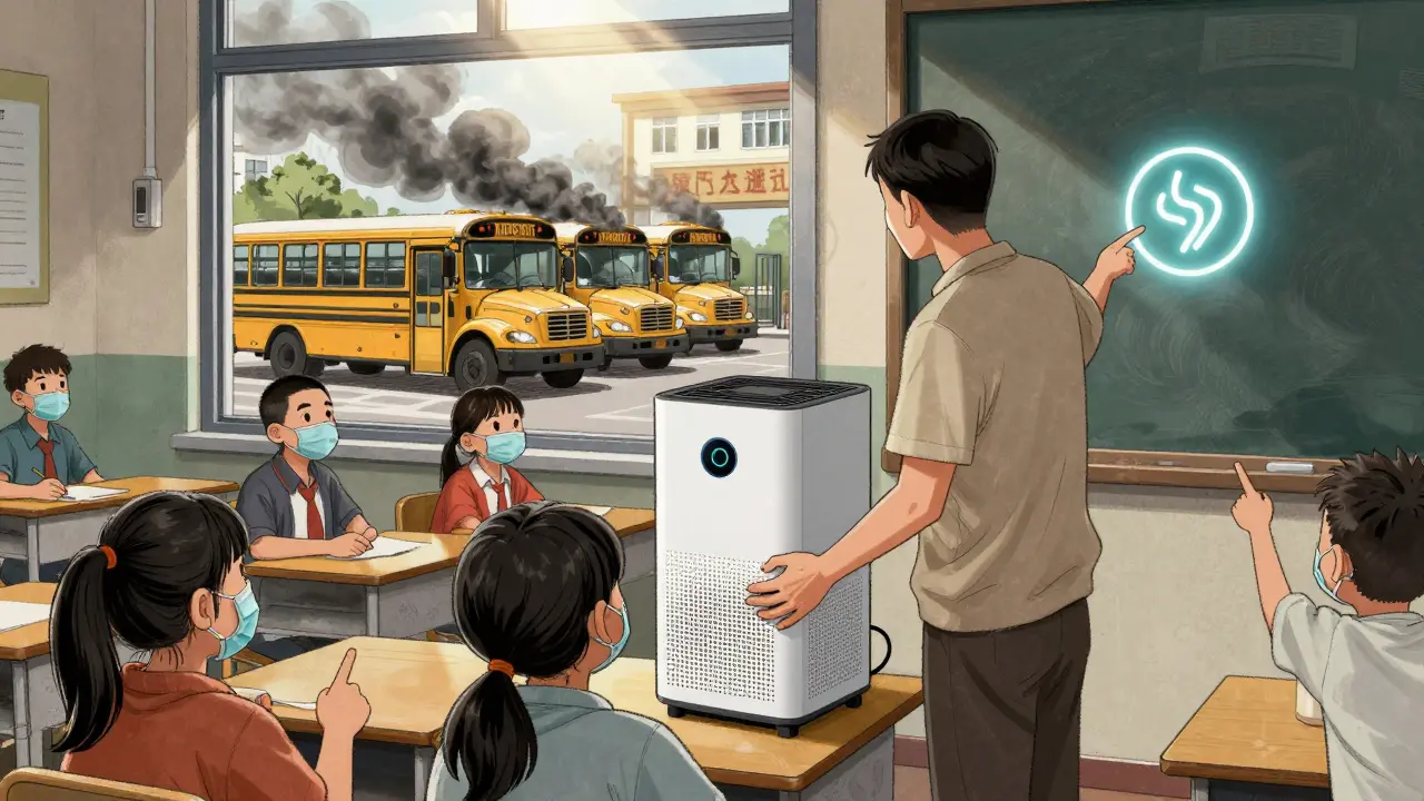 Teacher installs air purifier in classroom as electric bus arrives, replacing polluting school buses.