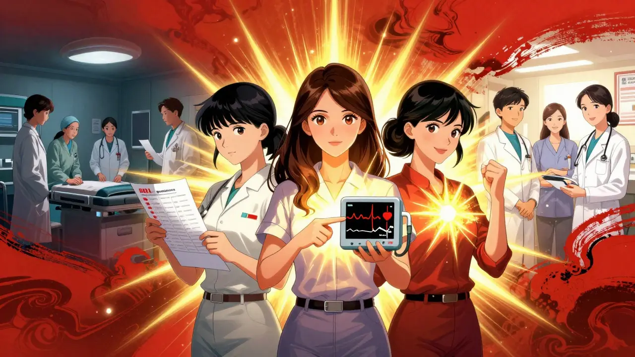 Three women united in empowerment, one pointing to a heart alarm, as light breaks through from a women's cardiac center.