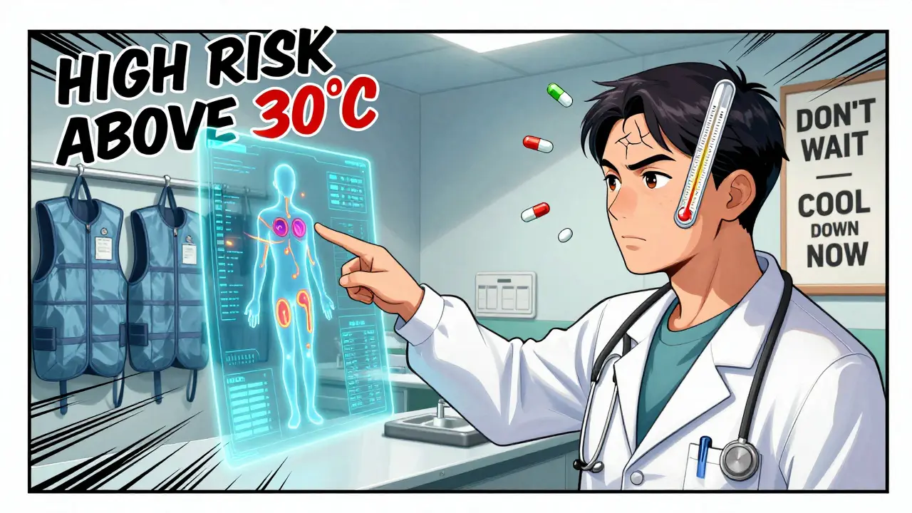 A doctor explaining heat risk from antipsychotic meds using a holographic body chart, in Chinese manhua style.
