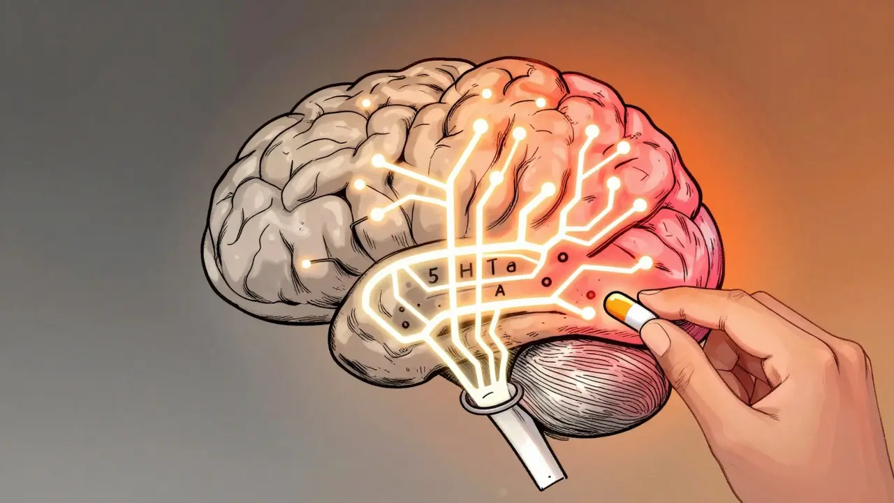A glowing brain with serotonin pathways being balanced by a tiny buspirone tablet, symbolizing mood restoration.