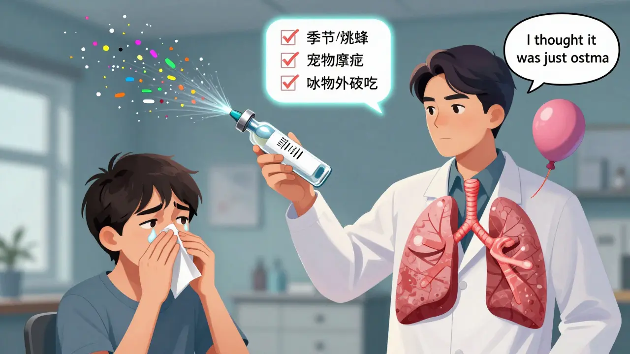 A patient's body showing allergy symptoms on one side and asthma on the other, with a doctor holding a skin test vial.