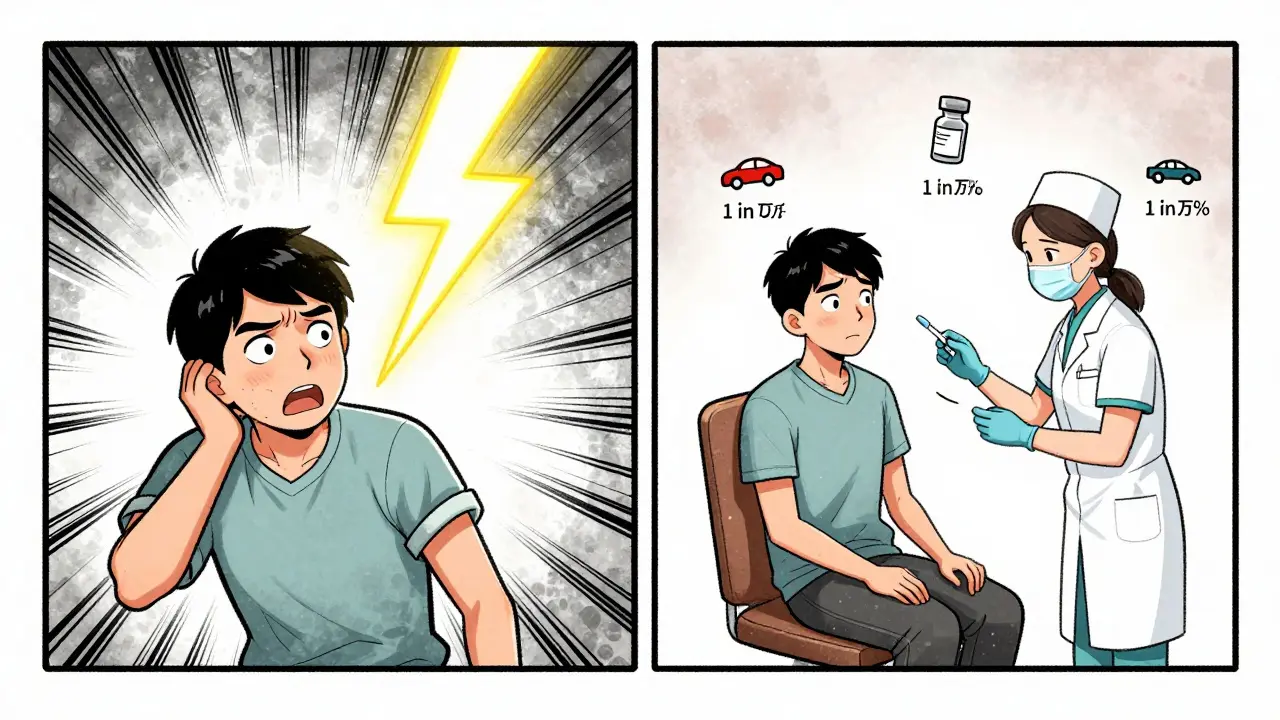 A person imagining a lightning strike after a vaccine, contrasted with the safe reality of being monitored by a nurse.