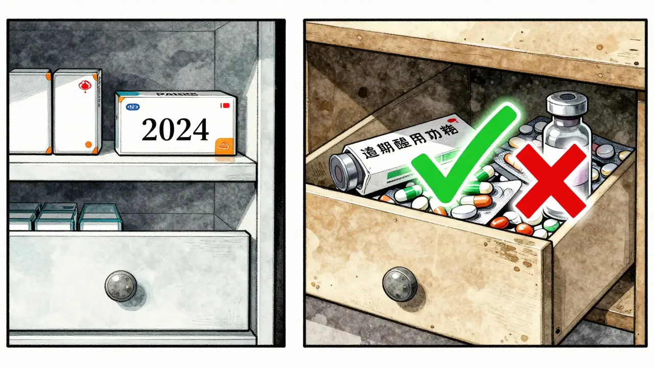 Contrasting medicine shelves: fresh pills vs. expired but safe oral medications