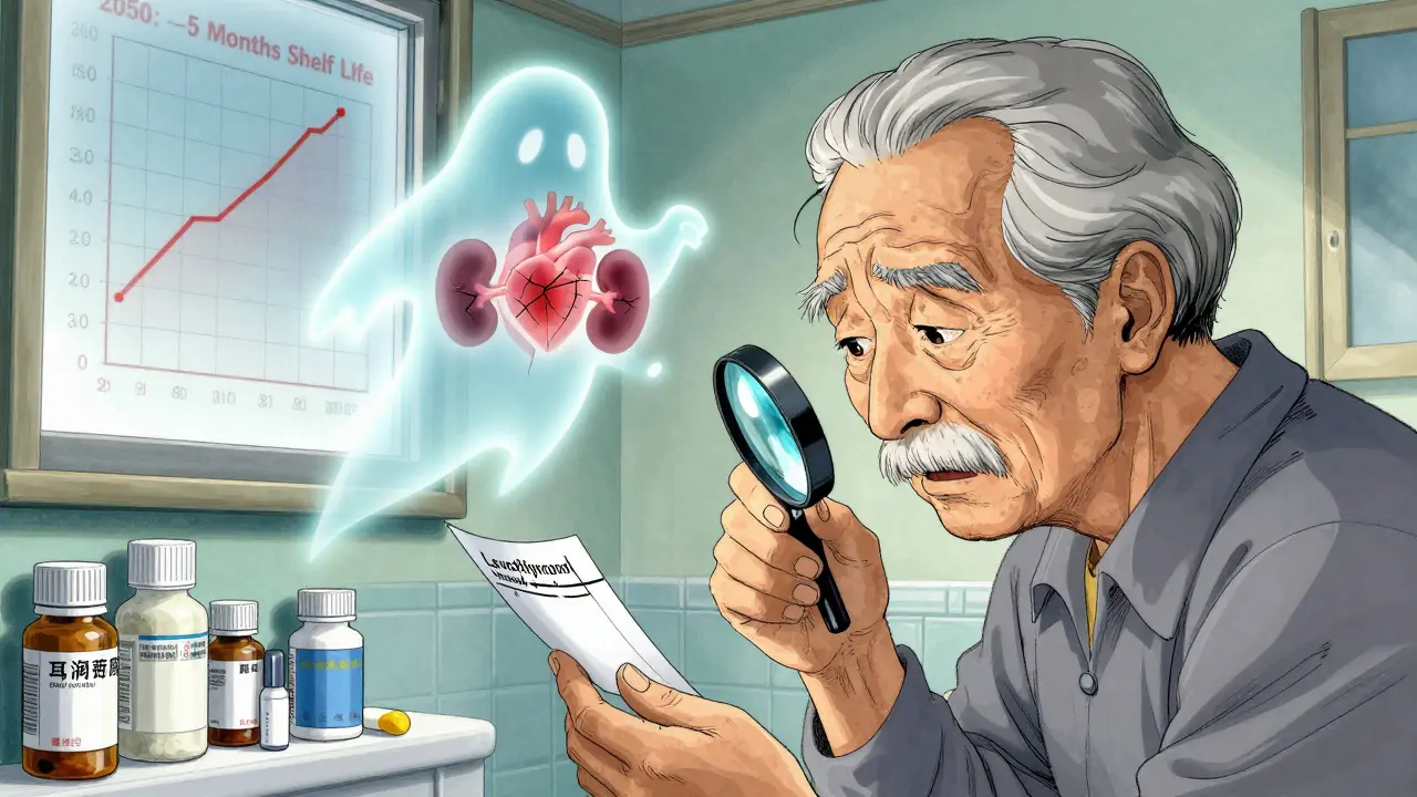 Elderly patient examining expired meds as a degraded drug transforms into a damaged heart and kidney.