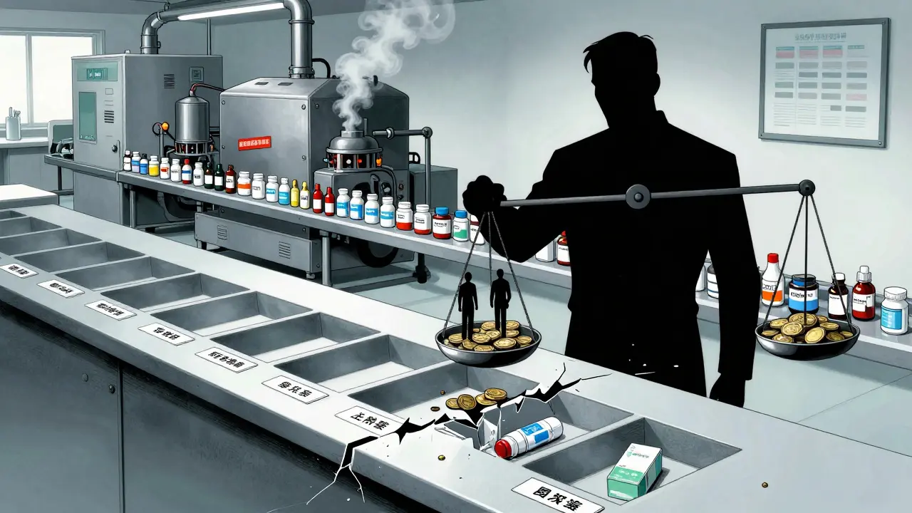 Empty pharmacy shelves with insulin and antibiotics, a PBM executive weighing pennies against human lives.