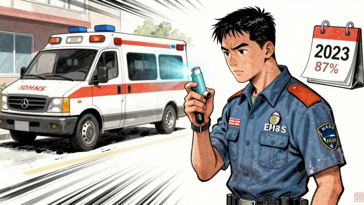 EMS team scanning expired inhaler with laser device to confirm potency