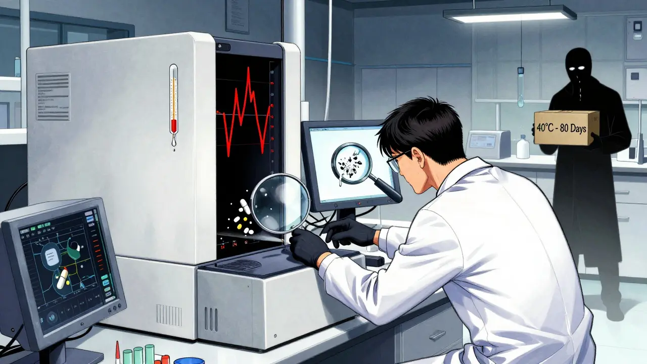 Lab scientists monitoring a drug degradation alert with a crumbling tablet and hot warehouse in background.
