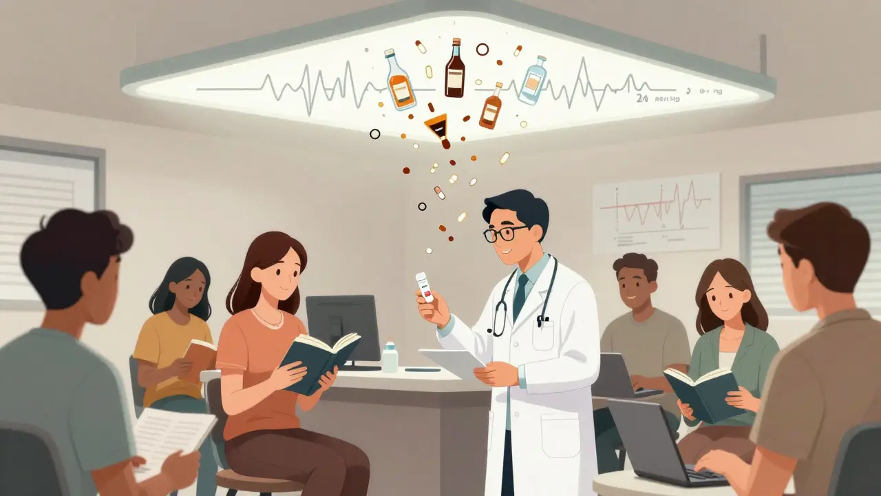 Patients in a doctor’s office receive buprenorphine prescriptions while a glowing ceiling blocks harmful substances above them.