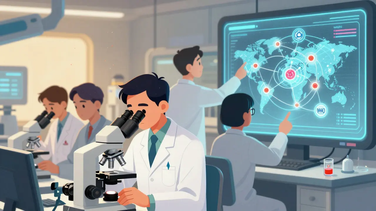Scientists studying glowing vaccine ingredient molecules in a high-tech lab with global safety network holograms.