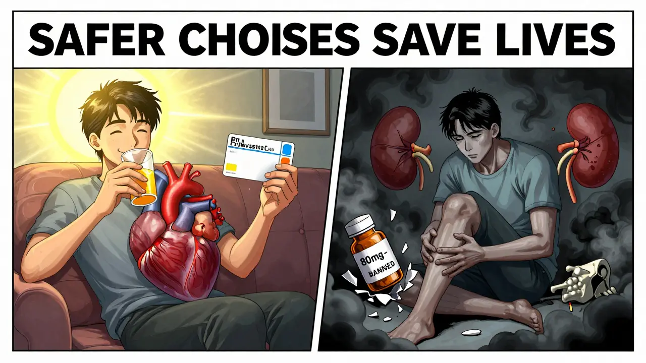 Split scene: one side shows a man healthy with orange juice and pravastatin, the other shows the same man in danger with shattered simvastatin bottle and damaged muscles.