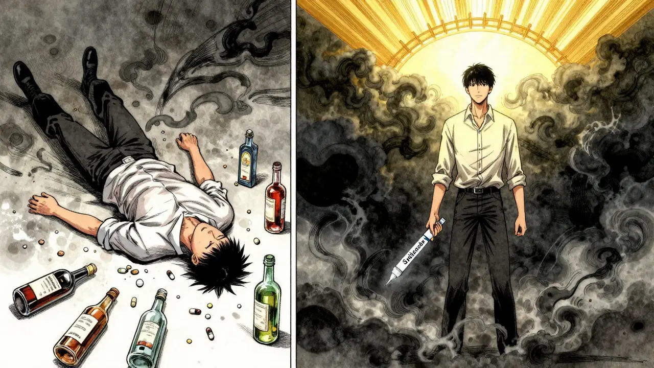 Split scene: one side shows overdose danger, the other shows recovery with a protective ceiling arch above a person holding an injection.