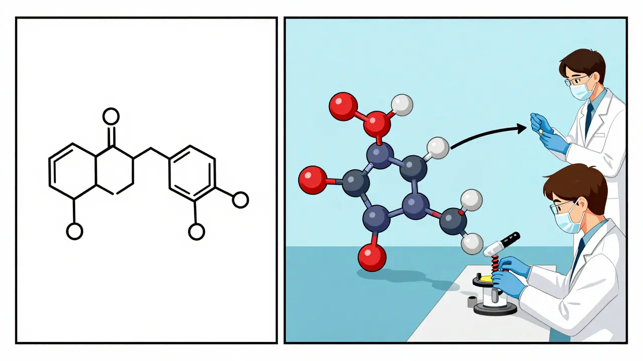 Split scene: simple molecule becoming generic vs complex biologic in development.