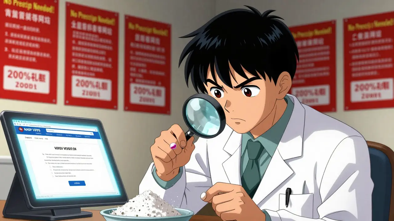 A detective examining counterfeit pills under a magnifying glass, revealing dangerous fillers.