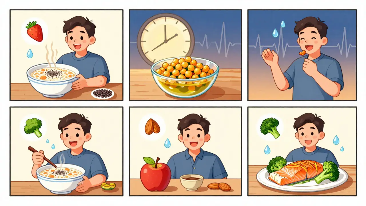 A man enjoying a day of healthy meals, with floating food icons and a stabilizing heartbeat line, representing consistent lifestyle change.