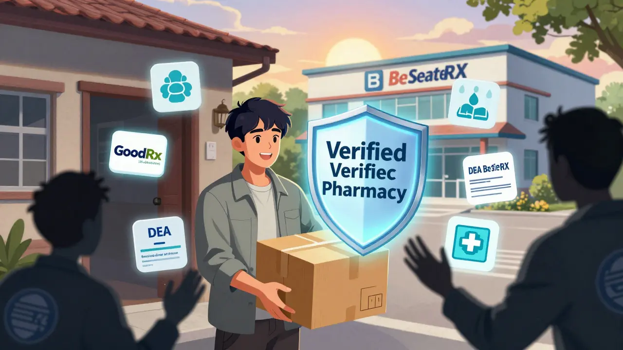 A rural resident receiving a safe medication package protected by verified safety icons.