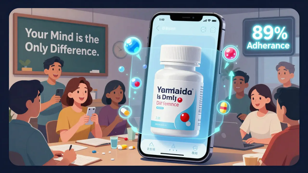 A smartphone app overlays a transparent comparison of generic and brand pills, showing identical internal structure with glowing dopamine particles.