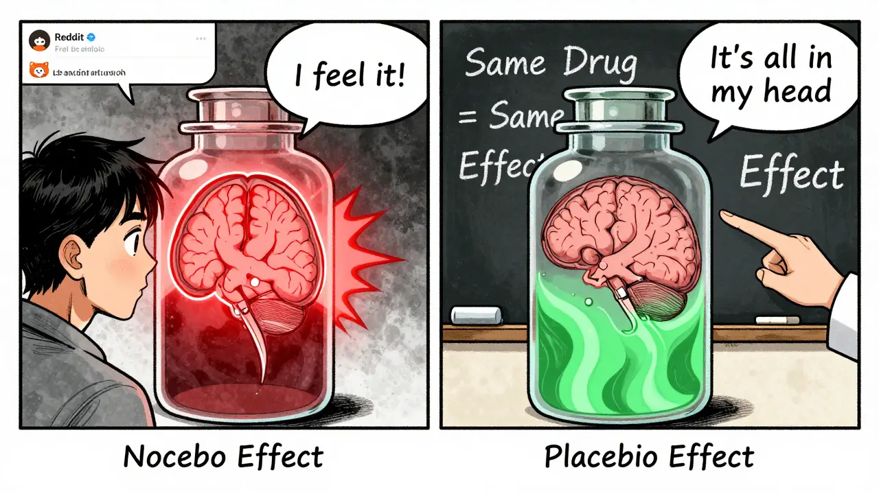 A split brain scan illustrates the nocebo effect on one side and placebo effect on the other, both triggered by pill packaging.