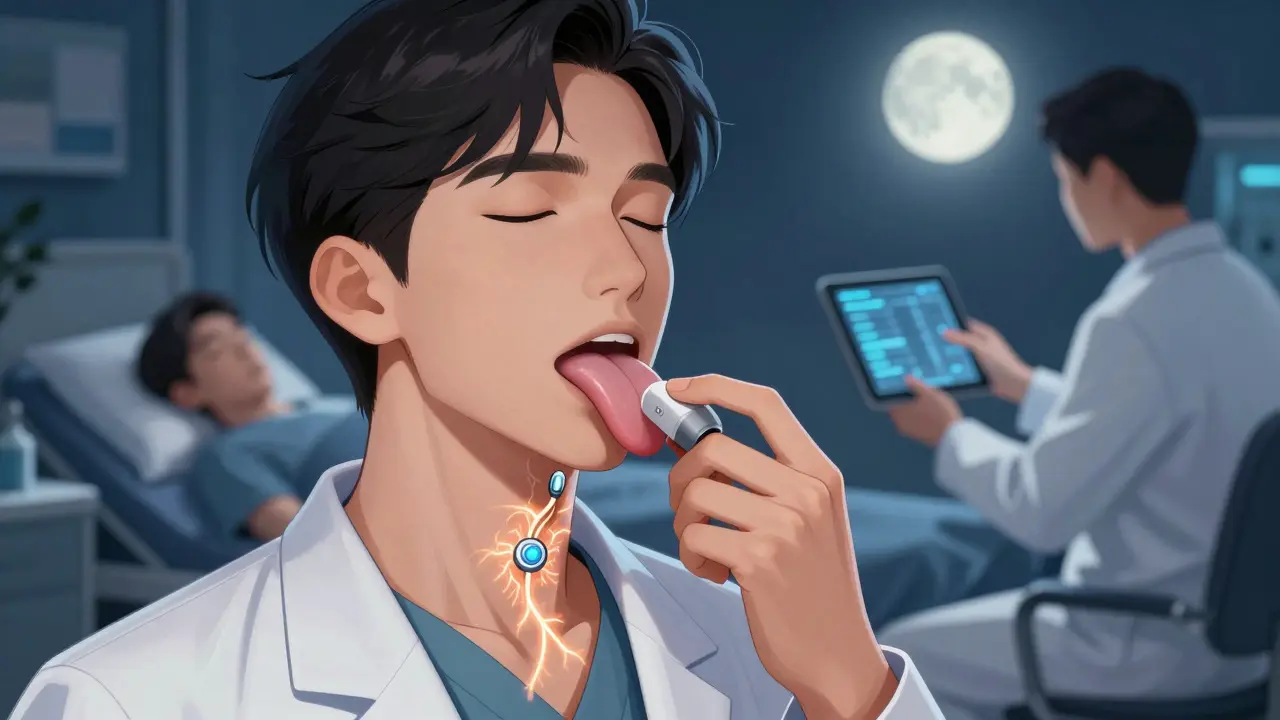 An implantable nerve stimulator gently holding open an airway during sleep, with medical monitoring in the background.