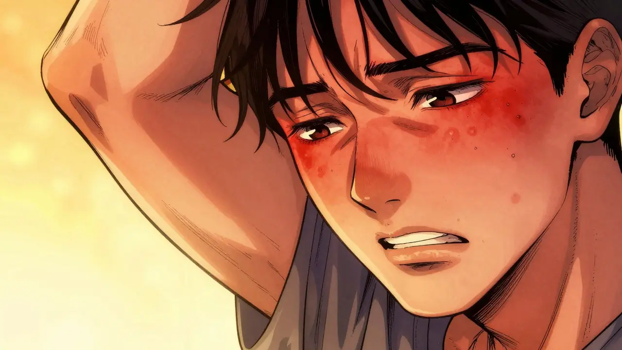 Character showing allergic rash and swelling on skin.