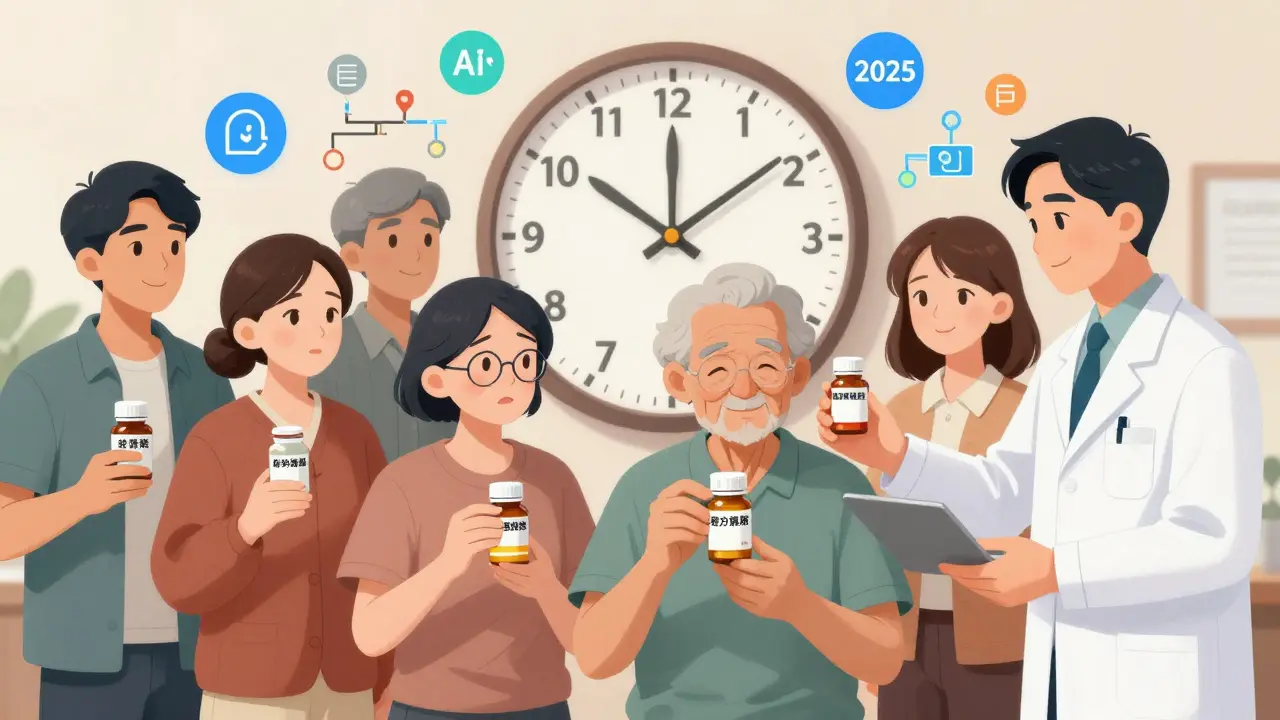 Diverse patients holding generic medications with AI and supply chain icons above, pharmacist offering reassurance