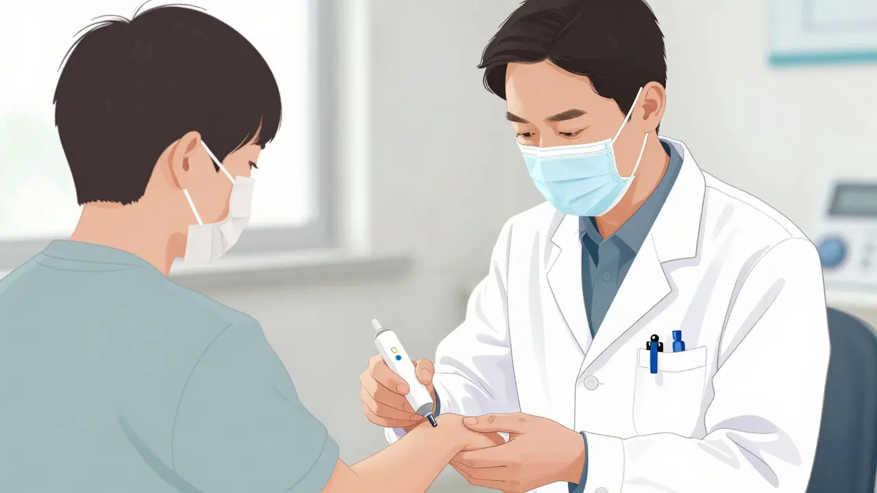 Doctor performing skin allergy test on patient's arm.