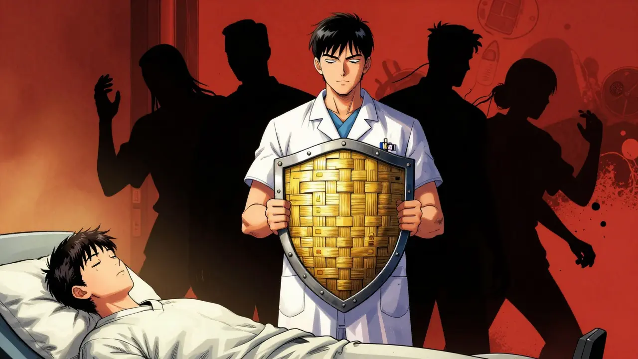 Healthcare worker standing guard with a protective shield against shadowy medical errors.