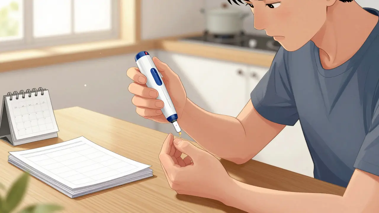Person testing blood sugar at home with morning light