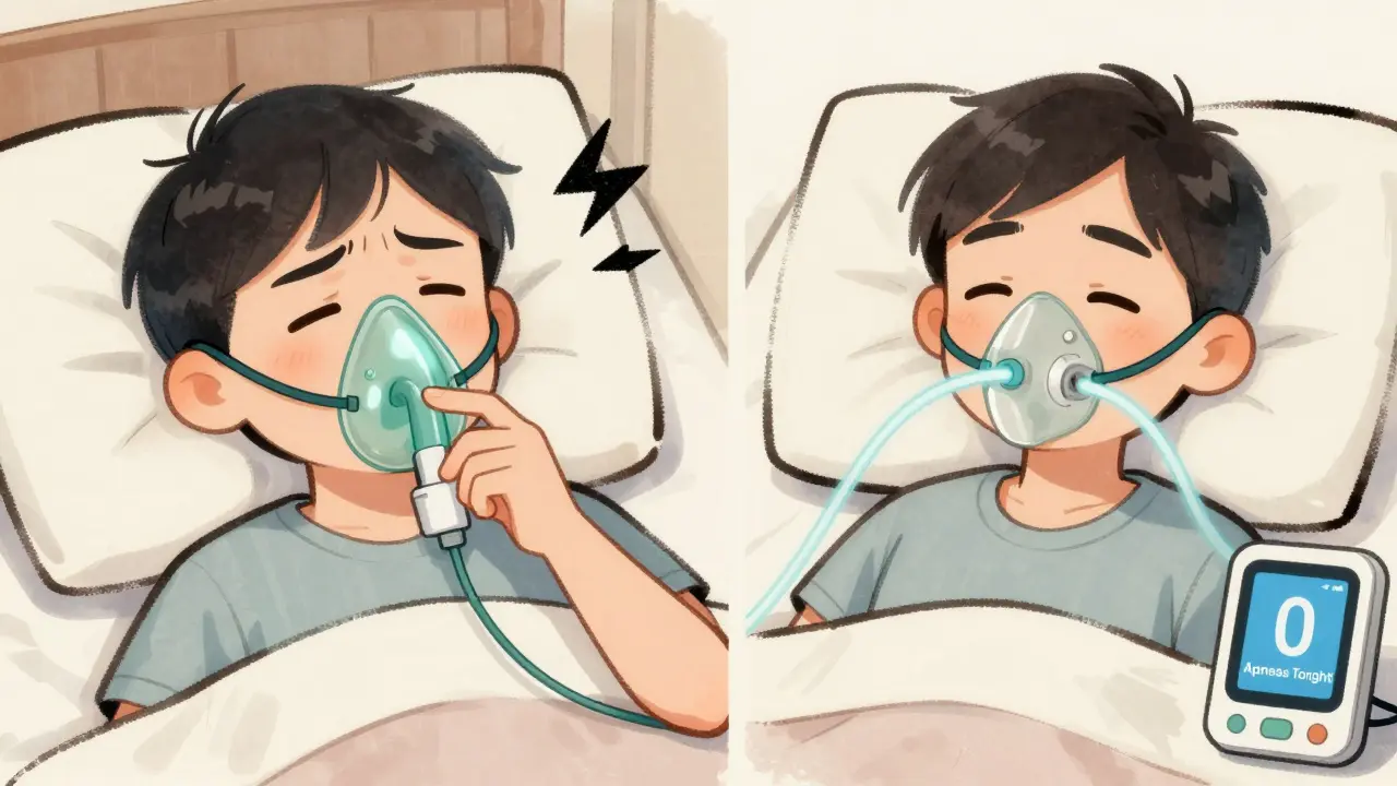 Side-by-side: one person struggling with oxygen therapy while another thrives with CPAP, highlighting treatment effectiveness.