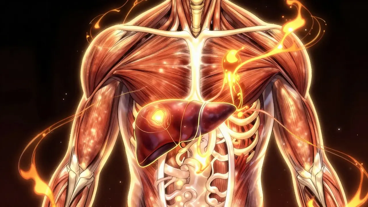 Silhouette of body glowing internally with metabolic activity