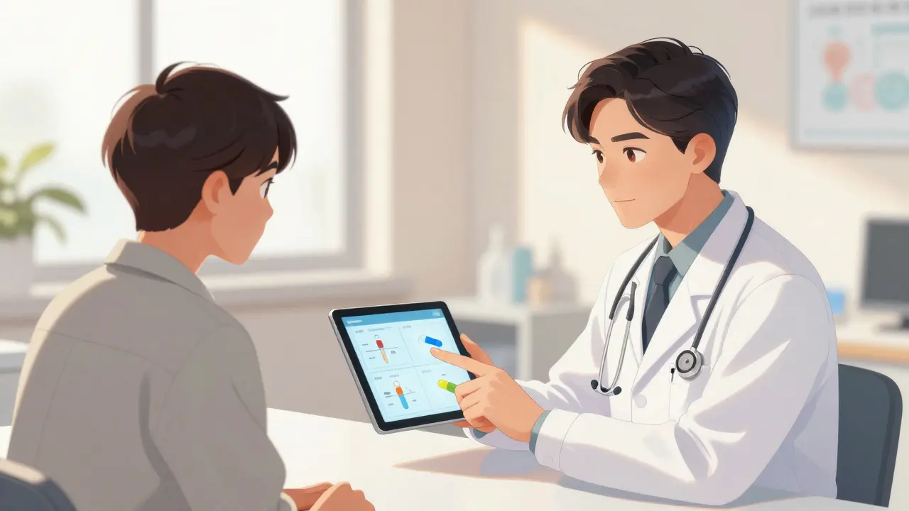A doctor explaining medication options to a relieved patient in a bright office, manhua style.