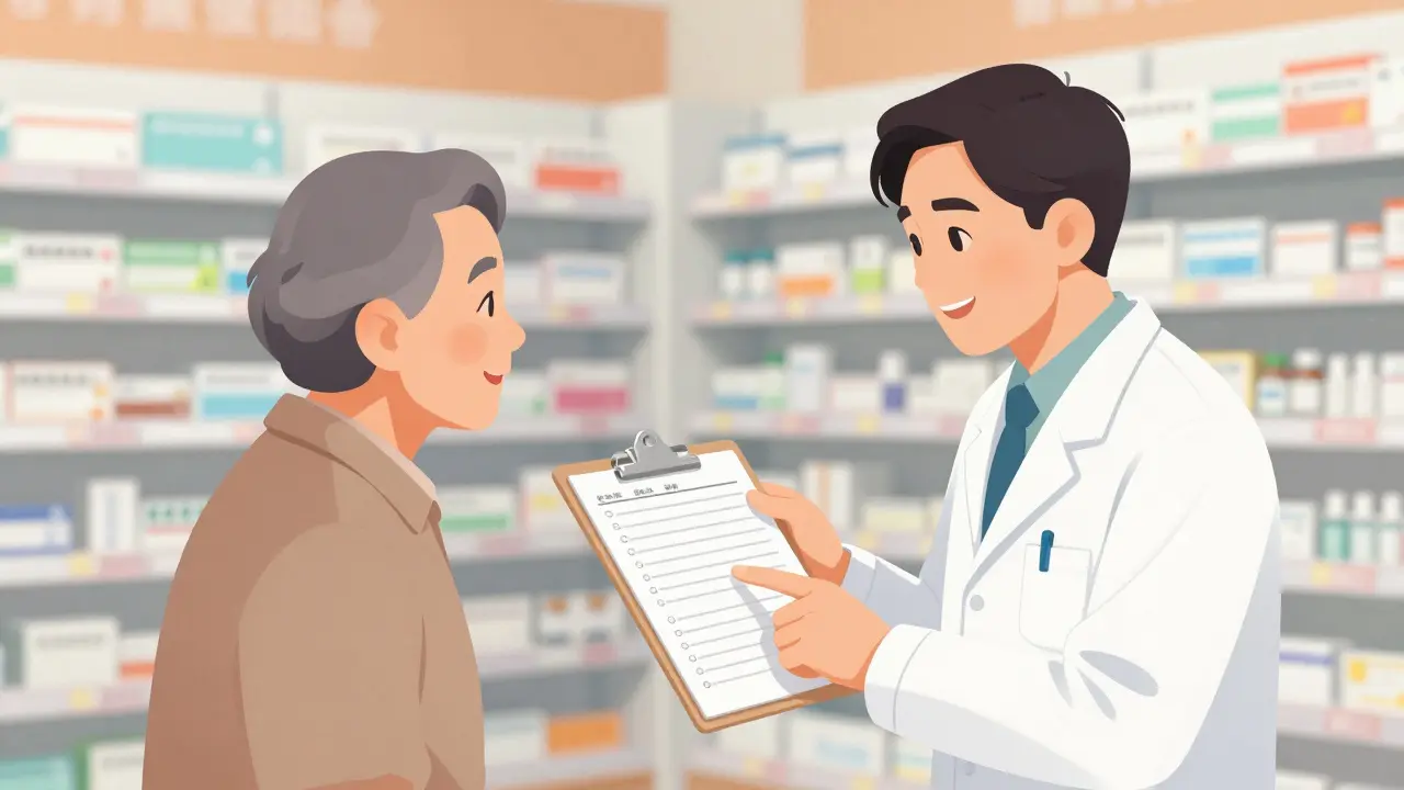 A senior patient discussing a simplified medication plan with a pharmacist in a clinic.
