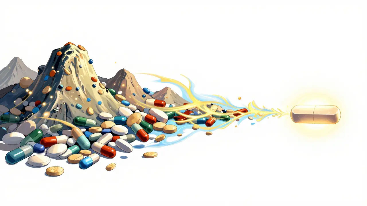 A visual representation of many different pills merging into one single combination tablet.